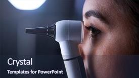  Presentation with female doctor - Beautiful presentation theme featuring ophthalmoscope - female doctor using otoscope backdrop and a navy blue colored foreground