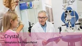  Presentation with child specialist - PPT theme having ophthalmoscope - older eye specialist finished eye background and a coral colored foreground