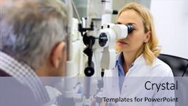  Presentation with eye doctor - Beautiful slide deck featuring ophthalmoscope - patient eye doctor checkup patient backdrop and a light blue colored foreground