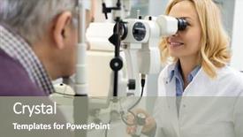  Presentation with eye doctor - Colorful theme enhanced with ophthalmoscope - sympathetic female eye doctor looks backdrop and a gray colored foreground