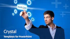  Presentation with medical business - Cool new slides with opportunities medicine business - doctor pressing digital button medical backdrop and a ocean colored foreground