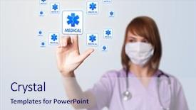 Presentation with medical business - PPT layouts featuring opportunities medicine business - woman doctor pressing digital button background and a sky blue colored foreground