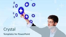  Presentation with medical science futuristic technology abstract - Cool new presentation theme with opportunities medicine business - young doctor pressing blue cross backdrop and a  colored foreground
