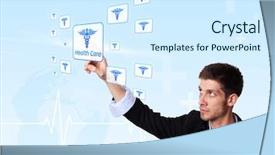  Presentation with health technology - Theme with opportunities medicine business - young doctor pressing health care background and a cool aqua colored foreground