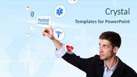  Presentation with medical technology - Slides featuring opportunities medicine business - young doctor pressing medical assistance background and a  colored foreground