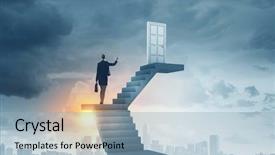  Presentation with walking - Cool new slides with opportunitydoor - businesswoman walking up staircase backdrop and a light blue colored foreground