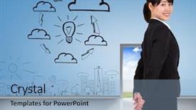 Presentation with open door - PPT theme featuring opportunitydoor - smiling businesswoman against brainstorm background and a light blue colored foreground