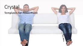  Presentation with couple - Beautiful slide deck featuring opposing - couple sitting on white sofa backdrop and a white colored foreground