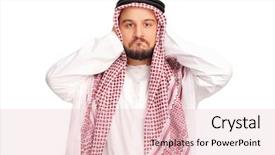  Presentation with ears - Presentation design featuring opposing - reluctant male arab covering his background and a lemonade colored foreground