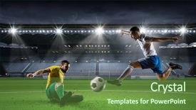  Presentation with soccer - PPT theme featuring opposing - soccer players fighting for ball background and a tawny brown colored foreground