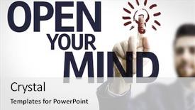  Presentation with open mind - Colorful PPT theme enhanced with choices choice versus good choice - business man pointing to transparent backdrop and a white colored foreground