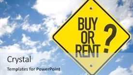  Presentation with comparison - Beautiful presentation theme featuring comparison banks - buy or rent sign backdrop and a light blue colored foreground