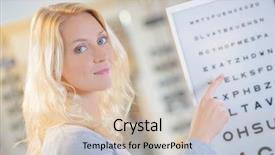  Presentation with test - Audience pleasing presentation theme consisting of opthalmology - lady pointing at eye test backdrop and a lemonade colored foreground