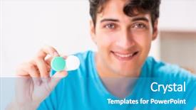  Presentation with prehistoric man - PPT theme enhanced with opthalmology - man trying contact lenses background and a  colored foreground