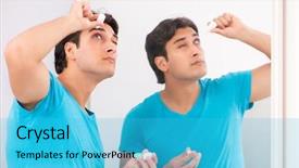  Presentation with contact lens - PPT layouts consisting of opthalmology - man trying contact lenses background and a cyan colored foreground