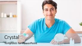  Presentation with opthalmology - Beautiful presentation theme featuring opthalmology - man trying contact lenses backdrop and a cyan colored foreground