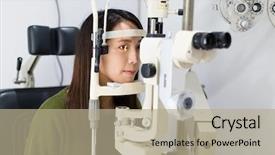  Presentation with optical - Presentation with opthalmology - woman doing eye test background and a mint green colored foreground