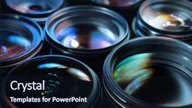  Presentation with illustration of a camera lens - PPT layouts with optic instruments - group of camera lenses background and a wine colored foreground