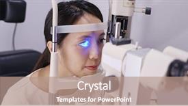  Presentation with test - Cool new PPT layouts with optic instruments - woman do eye test backdrop and a coral colored foreground