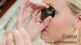  Presentation with eye glass - PPT theme enhanced with optical chip - looking through magnifying eye glass background and a coral colored foreground