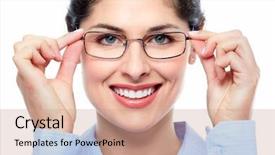 Presentation with optical - Amazing slide deck having optical glasses - business woman with eyeglasses isolated backdrop and a coral colored foreground