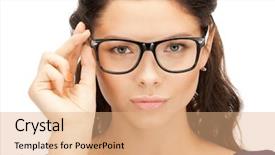  Presentation with optical - Colorful PPT layouts enhanced with optical glasses - closeup picture of lovely woman backdrop and a coral colored foreground