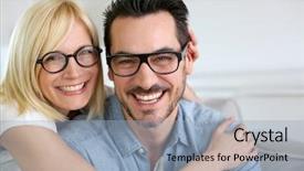  Presentation with middle ages portrait - PPT theme with optical glasses - middle-aged couple wearing eyeglasses background and a light blue colored foreground