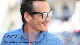  Presentation with old man - Slide deck featuring optical glasses - portrait of handsome 40 year background and a light blue colored foreground