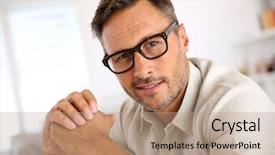  Presentation with rock minerals portrait - Slide deck with optical glasses - portrait of handsome guy background and a coral colored foreground