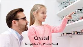  Presentation with elegant man in glasses optics - Audience pleasing slide set consisting of optical shop - optician and girl choosing glasses backdrop and a lemonade colored foreground