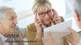  Presentation with optical - Colorful presentation design enhanced with optical shop - senior woman trying new eyeglasses backdrop and a coral colored foreground