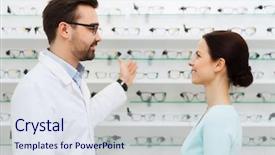  Presentation with weight loss woman showing - Presentation consisting of optical shop - woman and optician showing glasses background and a sky blue colored foreground