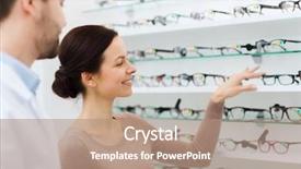  Presentation with weight loss woman showing - PPT theme featuring optical shop - woman showing glasses to optician background and a  colored foreground