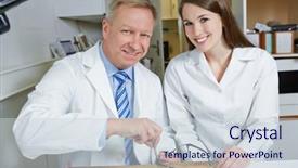  Presentation with apprentice - Audience pleasing presentation theme consisting of optician and happy apprentice in workshop reparing glasses together backdrop and a lemonade colored foreground