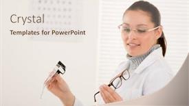  Presentation with eye doctor - Beautiful PPT theme featuring optician doctor woman with prescription glasses and eye chart backdrop and a sky blue colored foreground