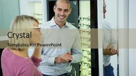  Presentation with optical - Audience pleasing presentation theme consisting of optician helping customer for selecting a spectacles frame in optical store backdrop and a coral colored foreground