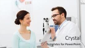  Presentation with eye medicine - Beautiful slide deck featuring optician in glasses with tablet backdrop and a light gray colored foreground