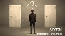  Presentation with question marks - Beautiful presentation design featuring options - salesman standing in front backdrop and a violet colored foreground