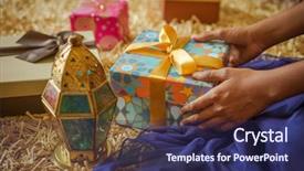  Presentation with eid - Beautiful PPT theme featuring options - young girl receiving a gift backdrop and a navy blue colored foreground