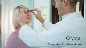  Presentation with optometrist - Slide deck having optometrist consulting a customer about spectacles and frames in optical store background and a lemonade colored foreground