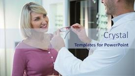  Presentation with optometrist - Cool new slides with optometrist consulting a customer about spectacles and frames in optical store backdrop and a sky blue colored foreground