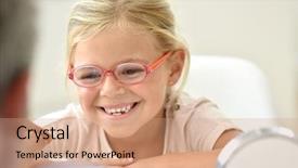  Presentation with optometry - PPT theme having optometry - little girl at the optician background and a coral colored foreground