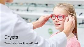  Presentation with optometry - Cool new PPT theme with optometry - optician putting glasses to girl backdrop and a lemonade colored foreground