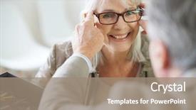  Presentation with optical - Theme featuring optometry - senior woman in optical store background and a coral colored foreground