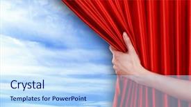 Presentation with red curtain - Slide deck enhanced with opulent - human hand opens red curtain background and a  colored foreground