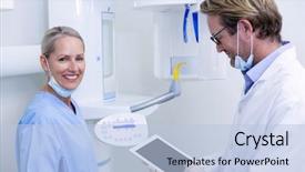  Presentation with dental assistant - Beautiful presentation design featuring oral communication - dentist and dental assistant working backdrop and a light blue colored foreground