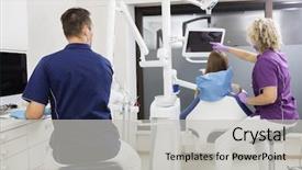  Presentation with dentist - PPT layouts having oral communication - dentist looking at colleague pointing background and a  colored foreground