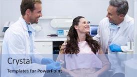  Presentation with teeth - Presentation theme featuring oral communication - dentist showing model teeth background and a  colored foreground