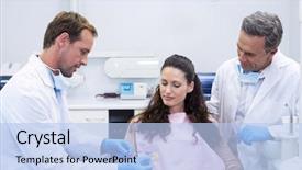  Presentation with odontology teeth mode - Colorful PPT theme enhanced with oral communication - dentist showing model teeth backdrop and a light blue colored foreground