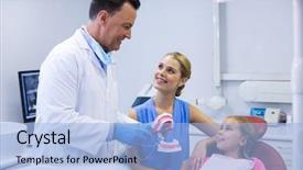  Presentation with work in clinic dental surgery - PPT layouts featuring oral communication - dentist showing young patient how background and a light blue colored foreground